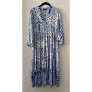 Zara Women's Maxi Dress Size XS Blue Batik Boho Tiered Button Top Resort Chic